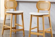 Set of 2 Bar Stools PU Leather Bar Stools for Kitchen with Rattan Backrest Counter Stool for Breakfast with Solid Wood Legs (White-2)
