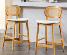 Set of 2 Bar Stools PU Leather Bar Stools for Kitchen with Rattan Backrest Counter Stool for Breakfast with Solid Wood Legs (White-2)