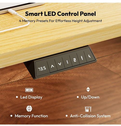 Electric Standing Desk 110x54 One Piece Height Adjustable Desk With Memory Smart Panel Sit Stand Table With Hooks for Home Office, Maple