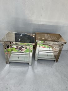 Pair of Mirrored Bedside Lockers- 3-Drawer, Crystal Handles