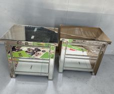 Pair of Mirrored Bedside Lockers- 3-Drawer, Crystal Handles