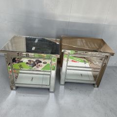 Pair of Mirrored Bedside Lockers- 3-Drawer, Crystal Handles