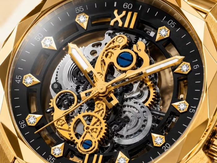 Gold Stainless steel auto skeleton watch
