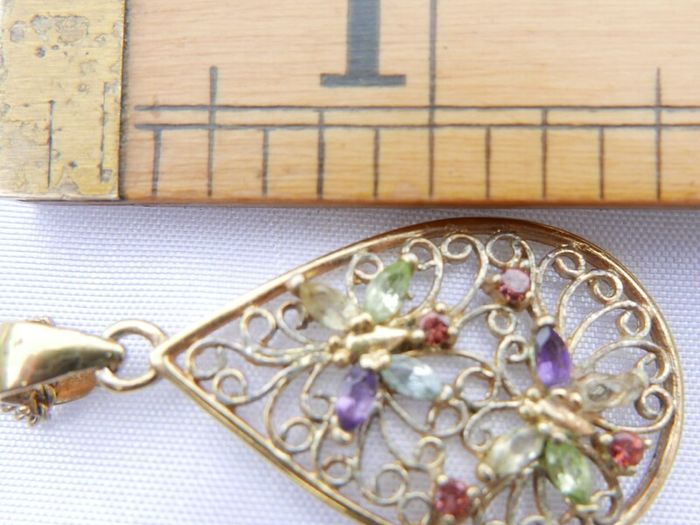 Vintage 18K Gold Plated Sterling Silver 925, Butterflies Crystal Oval Pendant Necklace, length 18" - 5,83g
