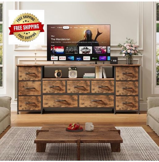 Tv Cabinet, Dresser for Bedroom with 11 Fabric Drawers, TV Stand with Power Socket for TVs up to 70 inch TV Units for Living Room, Bedroom, Rustic Brown