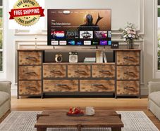 Tv Cabinet, Dresser for Bedroom with 11 Fabric Drawers, TV Stand with Power Socket for TVs up to 70 inch TV Units for Living Room, Bedroom, Rustic Brown