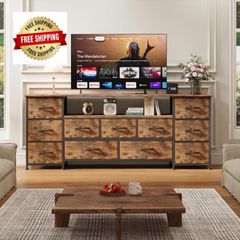 Tv Cabinet, Dresser for Bedroom with 11 Fabric Drawers, TV Stand with Power Socket for TVs up to 70 inch TV Units for Living Room, Bedroom, Rustic Brown