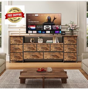 Tv Cabinet, Dresser for Bedroom with 11 Fabric Drawers, TV Stand with Power Socket for TVs up to 70 inch TV Units for Living Room, Bedroom, Rustic Brown