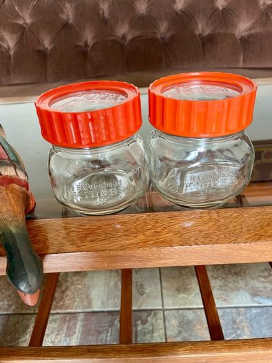 Pair Vintage 500ml 1970s Ravenhead Glass Kilner Jars With Orange Screw Lids