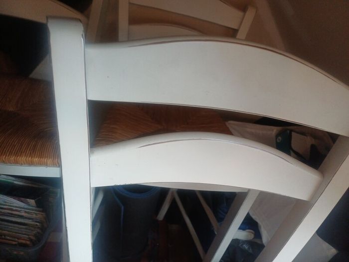counter top high chairs, white with wicker seats. Slight wear as shown on 1 but 2 in very good condition. Slight distressed  style.