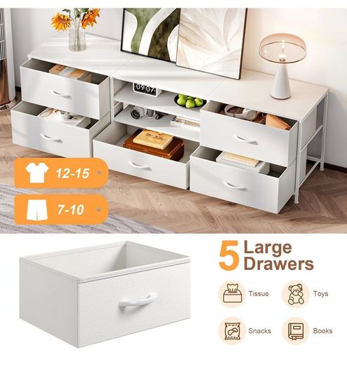 TV Stand Cabinet, TV Unit with 5 Drawers, 140 cm, White TV Console Table with Storage Organizers, Entertainment Center with Open Shelf for Living Room, Bedroom