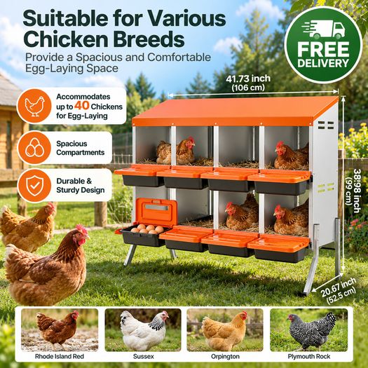 Chicken Nesting Boxes with 8 Compartments and Support Legs  Roll Away Egg Collection System