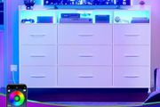 Chest of Drawers with Charging Station and LED Light, Dresser TV Stand with 9 Fabric Drawers