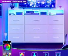 Chest of Drawers with Charging Station and LED Light, Dresser TV Stand with 9 Fabric Drawers