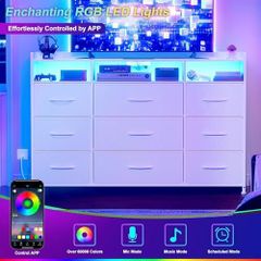 Chest of Drawers with Charging Station and LED Light, Dresser TV Stand with 9 Fabric Drawers
