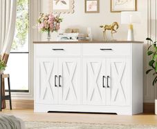 Sideboard, 120 cm Wide Kitchen Cabinet with Worktops, Kitchen Buffet Storage Cabinet with 2 Drawers and 4 Doors, Living Room, Kitchen, Hallway, White & Brown