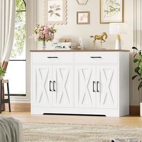 Sideboard, 120 cm Wide Kitchen Cabinet with Worktops, Kitchen Buffet Storage Cabinet with 2 Drawers and 4 Doors, Living Room, Kitchen, Hallway, White & Brown