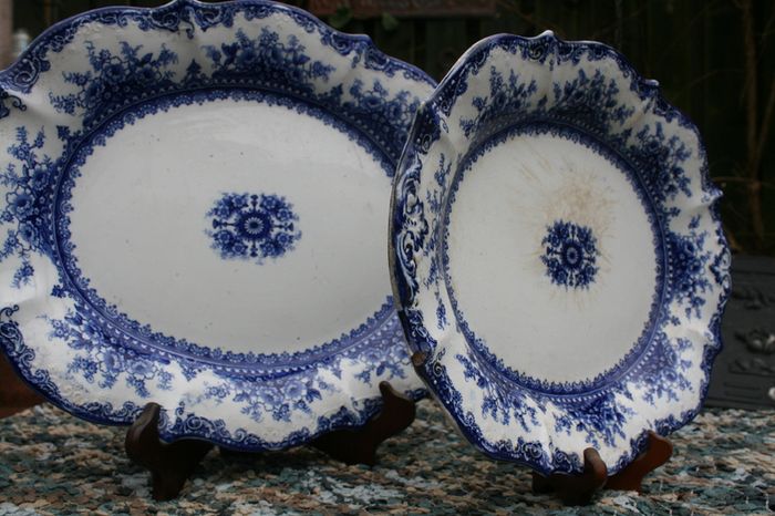 Vintage Ironstone Blue and white Transfer Serving Plates HUDSON WILCOX & TILL - England 16"x12" and 14"x11"