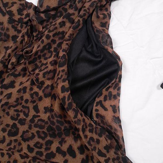 Boohoo Brown Black Leopard Y2K Grunge Tie Front V Neck Flared Mini Dress 16UK/44EU