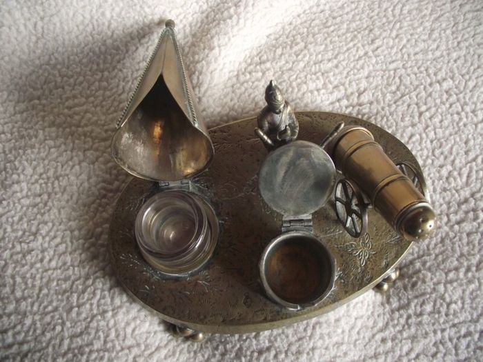 Victorian Brass Inkwell Desk Set - Military Theme - Lozenge Mark 13th January 1883