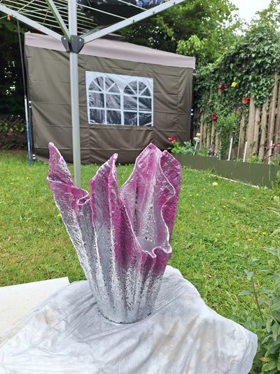 Handmade Cement Planter - Abstract Pink and Silver Concrete Flower Pot - Unique Drape Vase