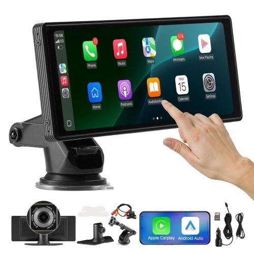 Wireless Car Stereo, 254 mm HD Portable Radio Touch Screen with Apple CarPlay and Android Auto, CarPlay Screen with Front & Backup Cameras, Voice Control, Mirror Link, Bluetooth, GPS Navigation