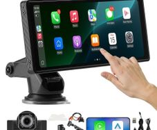 Wireless Car Stereo, 254 mm HD Portable Radio Touch Screen with Apple CarPlay and Android Auto, CarPlay Screen with Front & Backup Cameras, Voice Control, Mirror Link, Bluetooth, GPS Navigation