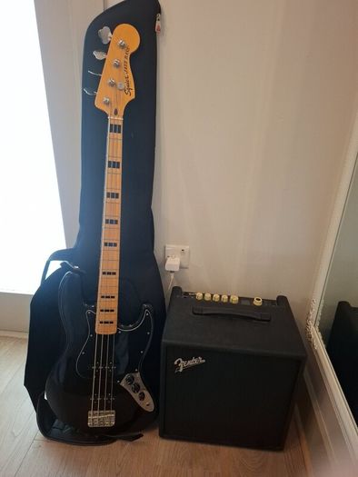 Bass guitar with case and amp