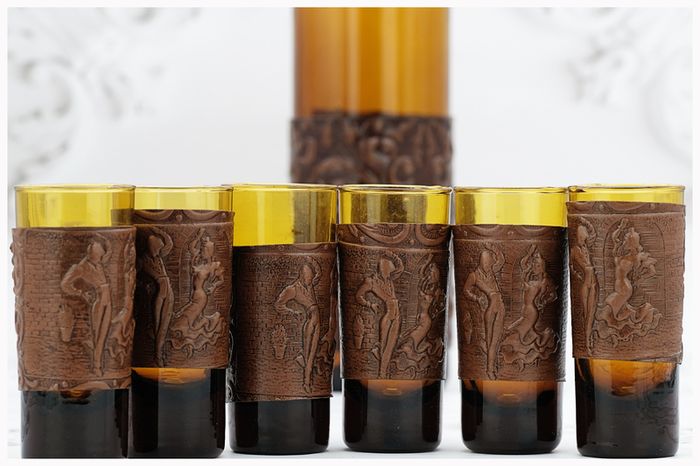 Vintage Amber Glass Decanter Glasses Set