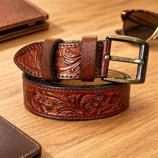 Premium Genuine Leather Belt Dual Tone Vintage Embossed Design with Antique Metal Buckle