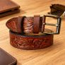 Premium Genuine Leather Belt Dual Tone Vintage Embossed Design with Antique Metal Buckle Image 8