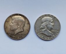 Two Silver US Half Dollar Franklin 1963D & Kennedy 1964 coins
