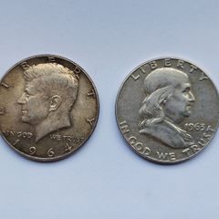 Two Silver US Half Dollar Franklin 1963D & Kennedy 1964 coins