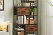 Freestanding Storage Shelf 2 Fabric Drawers &amp; 9 Open Compartments, Steel Frame, Rustic Brown/Black