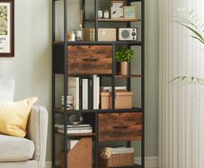Freestanding Storage Shelf 2 Fabric Drawers & 9 Open Compartments, Steel Frame, Rustic Brown/Black