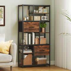 Freestanding Storage Shelf 2 Fabric Drawers & 9 Open Compartments, Steel Frame, Rustic Brown/Black