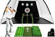 Golf Practice Net - Indoor &amp; outdoor 10x7ft - XL Tri-Turf driving net and Mat, 5 Balls, 3 Rubber Tees, Carry Bag, Chipping net, golf nets for backyard driving