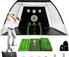 Golf Practice Net - Indoor & outdoor 10x7ft - XL Tri-Turf driving net and Mat, 5 Balls, 3 Rubber Tees, Carry Bag, Chipping net, golf nets for backyard driving
