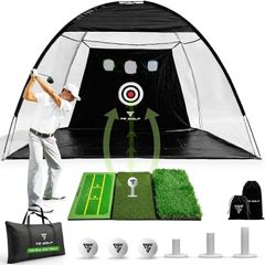 Golf Practice Net - Indoor & outdoor 10x7ft - XL Tri-Turf driving net and Mat, 5 Balls, 3 Rubber Tees, Carry Bag, Chipping net, golf nets for backyard driving