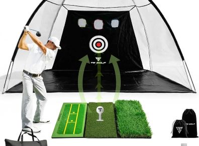 Golf Practice Net - Indoor & outdoor 10x7ft - XL Tri-Turf driving net and Mat, 5 Balls, 3 Rubber Tees, Carry Bag, Chipping net, golf nets for backyard driving