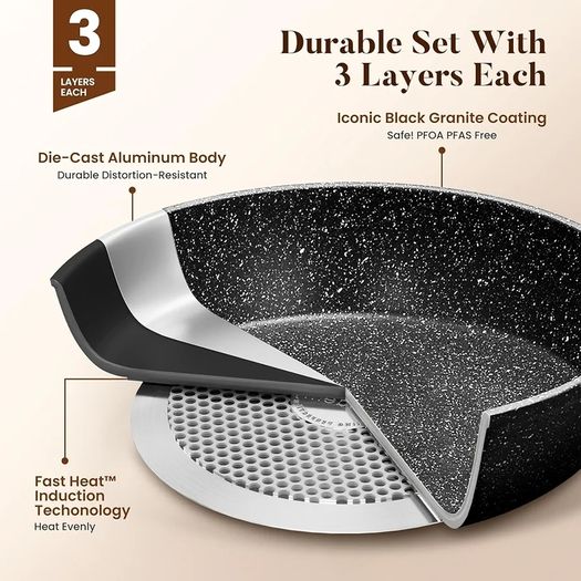 17pcs Induction Hob Pan Set, Black Granite Cookware Sets Pots and Pans Sets Non Stick, Nonstick Cookware and Bakeware, PFOA & PFOS Free