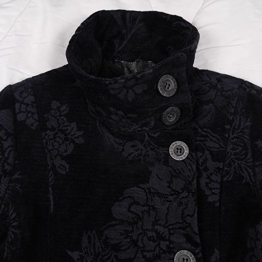 Desigual Black Velvet Embossed Floral Pattern High Neck Longline Coat 8UK/36EU