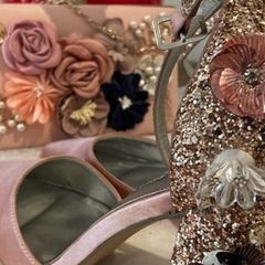 Pink Satin Block Heels Size 4 (37) + Matching Floral Clutch Bag, Wedding/Occasion