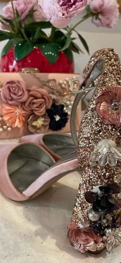 Pink Satin Block Heels Size 4 (37) + Matching Floral Clutch Bag, Wedding/Occasion
