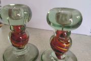 Set Of 2 Old Cut Glass Colored Candle Holders.