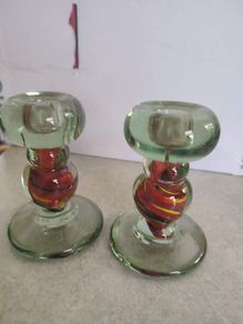 Set Of 2 Old Cut Glass Colored Candle Holders.