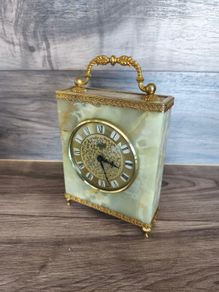 Vintage Mantel Clock Onyx Azizoff 1970s Marble Quartz Brass Shelf Desk Carriage Battery Powered Clock Made in England/ West Of Germany Untested Parts Or Repair