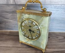 Vintage Mantel Clock Onyx Azizoff 1970s Marble Quartz Brass Shelf Desk Carriage Battery Powered Clock Made in England/ West Of Germany Untested Parts Or Repair