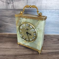 Vintage Mantel Clock Onyx Azizoff 1970s Marble Quartz Brass Shelf Desk Carriage Battery Powered Clock Made in England/ West Of Germany Untested Parts Or Repair