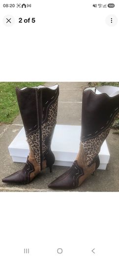 Vicki Beth Brown Animal Print Heeled Boots Pointed Toe Mid Heel UK 4 EU 37